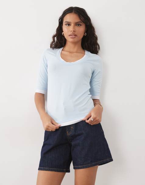 ASOS DESIGN - Top azul claro de manga corta con diseño de doble capa y espalda escotada - view 1