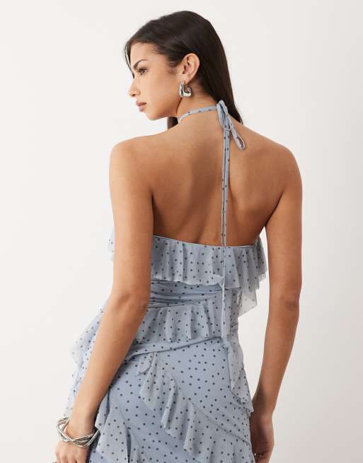 ASOS DESIGN - Top azul con estampado de lunares marrones y volantes de chifón elástico (parte de un conjunto), 4 de 4