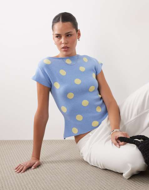 ASOS DESIGN - Top azul con estampado de lunares y cuello recto de punto fino - view 1