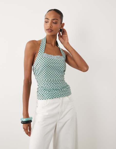 ASOS DESIGN - Top azul estampado de malla con cuello halter fruncido y detalle de encaje - view 1
