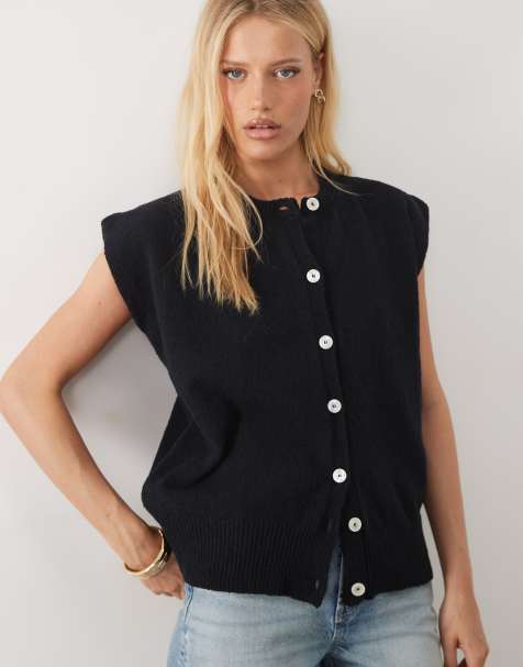 ASOS DESIGN - Top azul marino holgado sin mangas con botones de tejido flameado - view 1