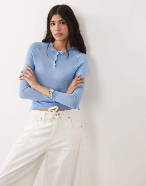 ASOS DESIGN - Top azul transparente con cuello panadero de punto fino - view 1