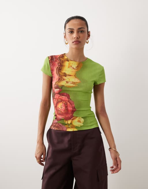 ASOS DESIGN - Top baby a maniche corte verde con stampa a fiori, 3 di 4