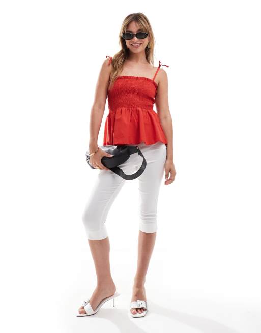 ASOS DESIGN - Top babydoll à fronces et détail noué - Rouge, 4 de 4