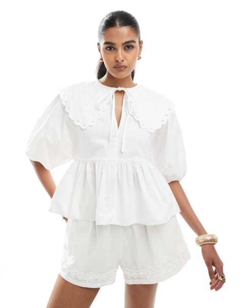 ASOS DESIGN - Top babydoll à manches courtes avec col en broderie anglaise - Blanc - view 1