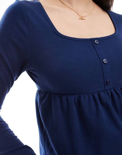 ASOS DESIGN - Top babydoll à manches longues avec col tunisien - Bleu marine, 2 de 4