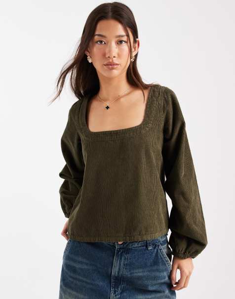 ASOS DESIGN - Top babydoll a maniche lunghe kaki in tessuto a coste - view 1