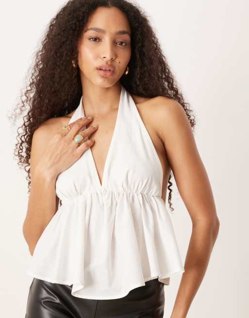 ASOS DESIGN - Top babydoll allacciato al collo color avorio in misto popeline