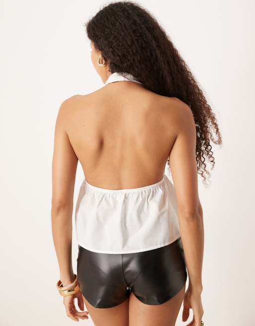 ASOS DESIGN - Top babydoll allacciato al collo color avorio in misto popeline, 4 di 4