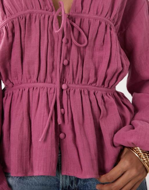 ASOS DESIGN - Top babydoll boutonné à l'avant avec manches longues - Orchidée, 4 de 4