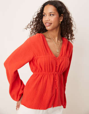 Top babydoll boutonné à l'avant avec manches longues - Rouge 34