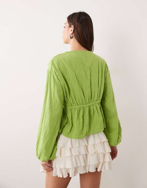 ASOS DESIGN - Top babydoll boutonné à l'avant avec manches longues - Vert, 4 de 4