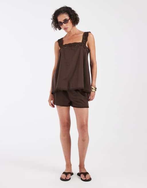 ASOS DESIGN - top babydoll con ribete de encaje del conjunto de algodón en marrón chocolate, 2 de 4