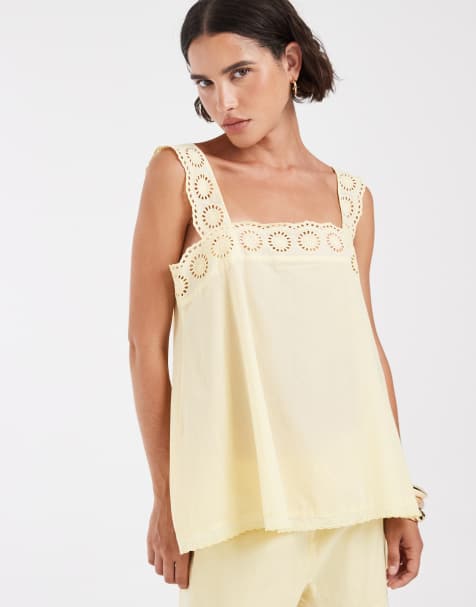 ASOS DESIGN - Top babydoll d'ensemble en coton avec bordures en dentelle - Babeurre - view 1
