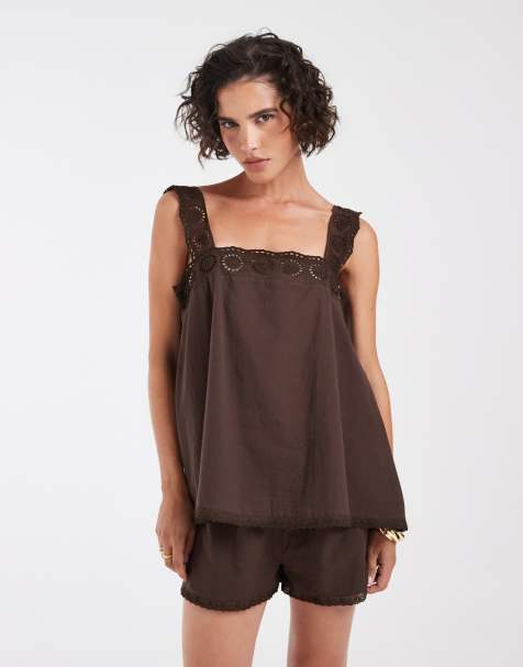 ASOS DESIGN - Top babydoll d'ensemble en coton avec bordures en dentelle - Marron chocolat - view 1
