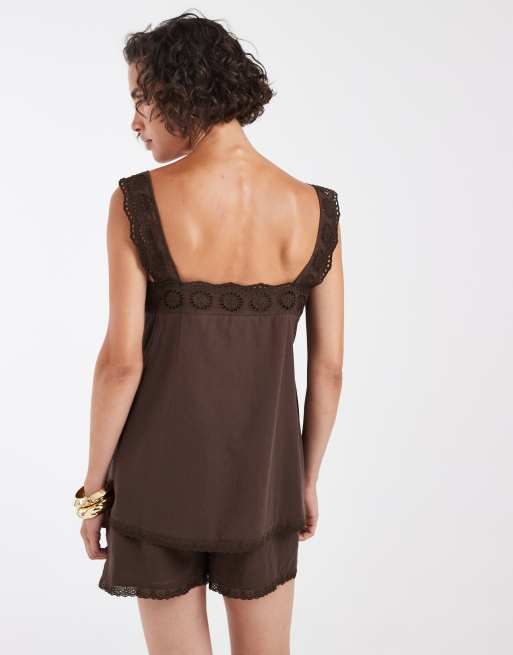 ASOS DESIGN - Top babydoll d'ensemble en coton avec bordures en dentelle - Marron chocolat, 4 de 4
