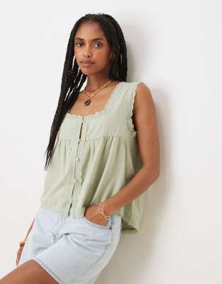 ASOS DESIGN - Top babydoll en coton avec bords en dentelle - Vert sauge