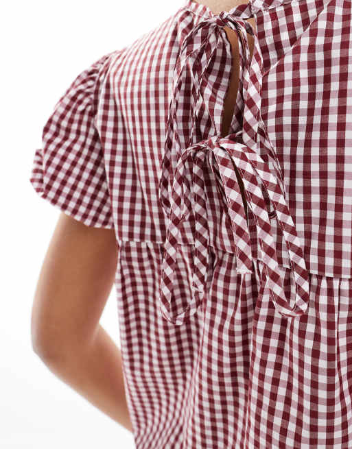 ASOS DESIGN - Top babydoll noué dans le dos à manches bouffantes - Vichy rouge, 3 de 4
