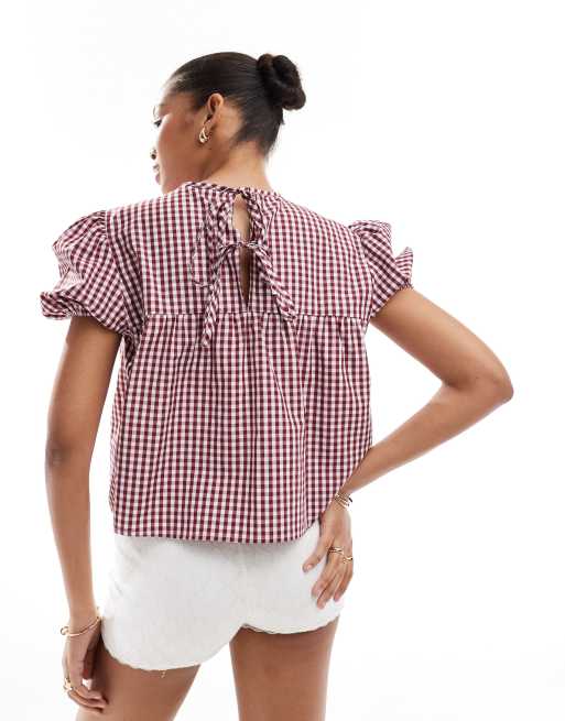 ASOS DESIGN - Top babydoll noué dans le dos à manches bouffantes - Vichy rouge, 4 de 4