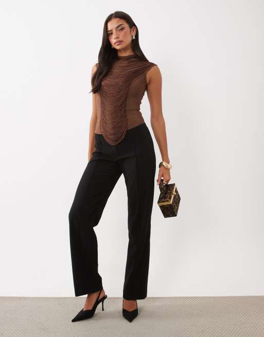 ASOS DESIGN - top bandage de cuello alto con drapeado y flecos en chocolate, 2 de 4