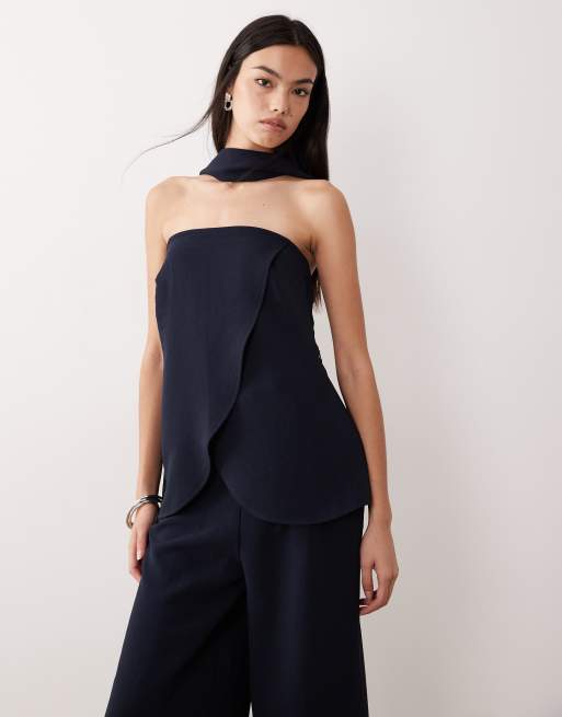 ASOS DESIGN - Ensemble pantalon palazzo habillé à taille haute et top bandeau ajusté façon corset - Marine, 2 de 3