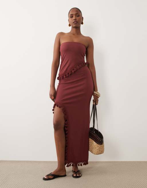 ASOS DESIGN - Top bandeau asymétrique d'ensemble en tissu texturé froissé à franges - Rouille, 2 de 4