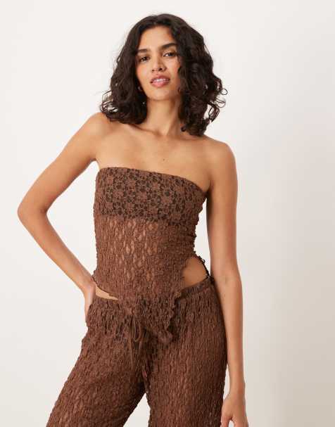 ASOS DESIGN - Top bandeau asymétrique en tulle avec fente latérale - Marron - view 1