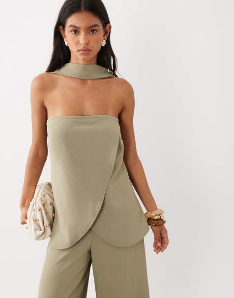 ASOS DESIGN - top bandeau de traje con detalle de pañuelo, parte de un conjunto, en verde oliva suave - view 1