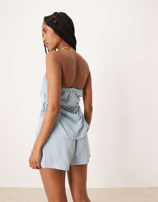 ASOS DESIGN - Top bandeau d'ensemble froncé et noué sur les côtés en lin mélangé - Bleu, 4 de 4