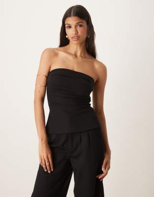 ASOS DESIGN - Top bandeau d'ensemble plissé en maille point de Rome - Noir