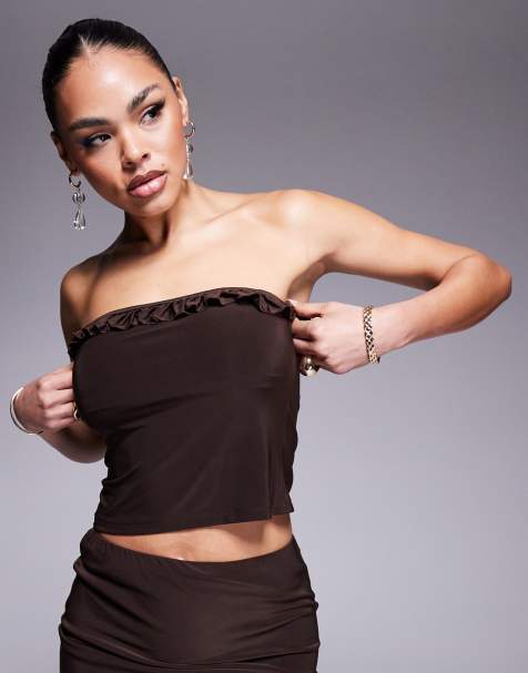 ASOS DESIGN - Top bandeau d'ensemble près du corps avec finition à volants - Marron - view 1