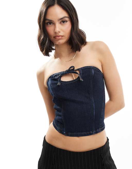 ASOS DESIGN - Top bandeau en jean à découpe - Indigo