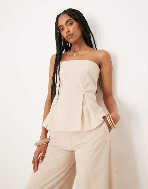 ASOS DESIGN - Top bandeau en lin mélangé à taille cintrée - Beige - view 1