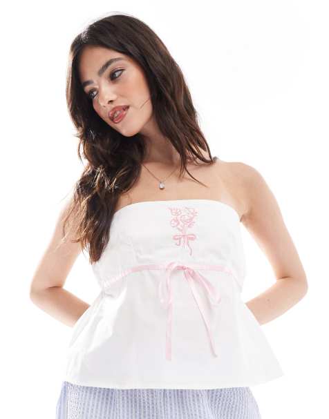 ASOS DESIGN - Top bandeau en popeline avec broderies - Blanc - view 1
