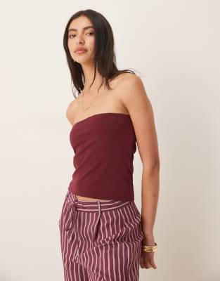 Top bandeau long en coton effet peau de pêche - Cerise foncé-Rouge L