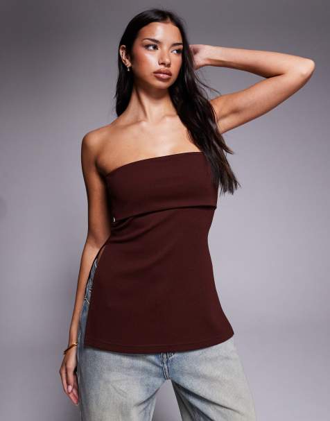 ASOS DESIGN - Top bandeau long en jersey à détail rabattu - Chocolat - view 1