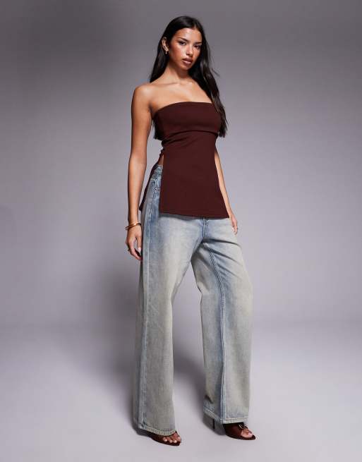 ASOS DESIGN - Top bandeau long en jersey à détail rabattu - Chocolat, 2 de 4