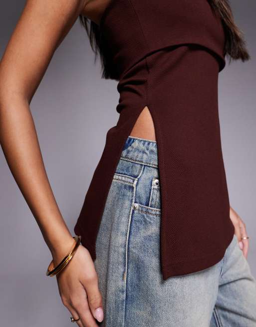 ASOS DESIGN - Top bandeau long en jersey à détail rabattu - Chocolat, 3 de 4