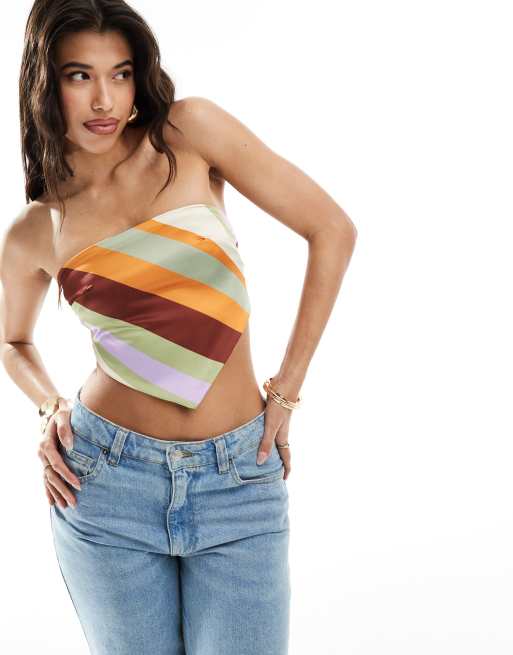 ASOS DESIGN - Top bandeau rayé en satin stretch à ourlet en pointe et liens noués au dos