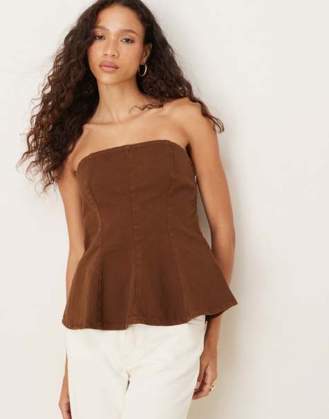 ASOS DESIGN - Top bandeau structuré en denim avec ourlet à basque - Chocolat - view 1