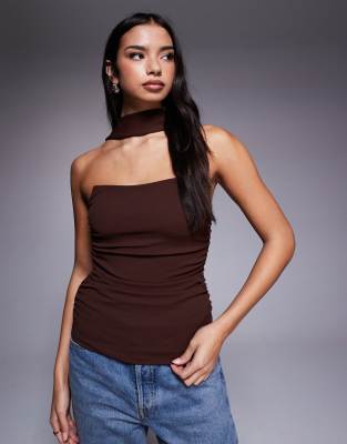 ASOS DESIGN - Top bandeau structuré long à détail foulard - Chocolat-Brown