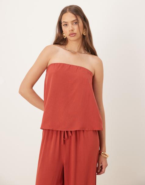 ASOS DESIGN - Top bandeau trapèze en lin mélangé - Rouge brique - view 1