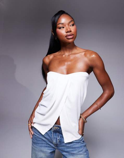 ASOS DESIGN – Top bandeau z drapowaniem i rozcięciem z przodu w kolorze kości słoniowej - view 1