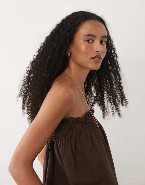 ASOS DESIGN top bandeau z marszczeniem z mieszanki lnu w zestawie w kolorze czekoladowym - view 1