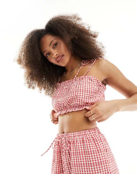 ASOS DESIGN – Top bandeau z wiązanymi ramiączkami w czerwoną kratkę vichy, część zestawu - view 1