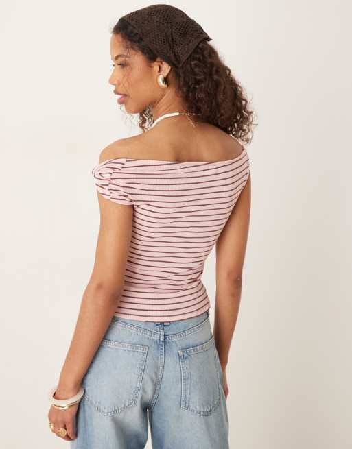 ASOS DESIGN - Top Bardot d'ensemble à rayures avec détail torsadé sur l'épaule - Rose et chocolat, 2 de 4