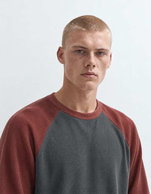 ASOS DESIGN top baseball oversize en maille gaufrée délavée à manches longues gris et marron, 10 de 10