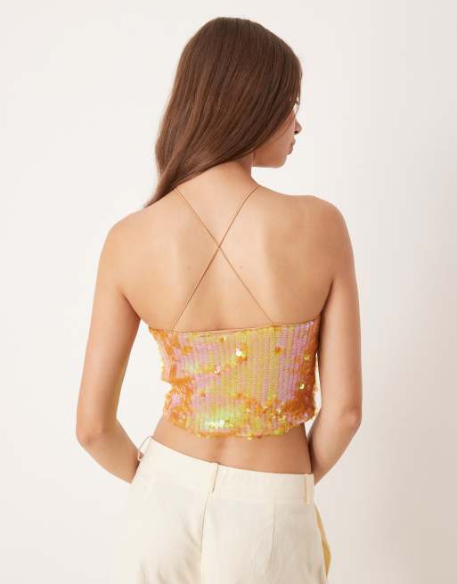 ASOS DESIGN - Top bedekt met lovertjes, halternek en uitsnijding in oranje, 3 van 4