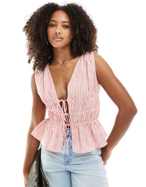 ASOS DESIGN sleeveless top with tie waist detail in red and white stripe