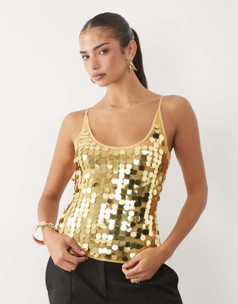 ASOS DESIGN top bez rękawów z dekoltem w kształcie litery U i rozsypanymi cekinami w kolorze złotym - view 1